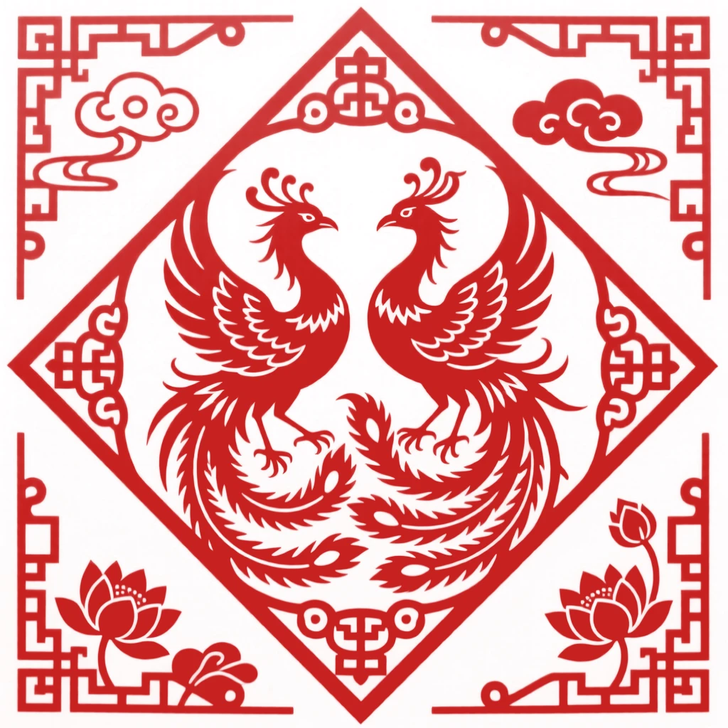A design of a diamond-shaped panel featuring confronting phoenixes with intertwined tails, framed by delicate scrollwork on every edge.