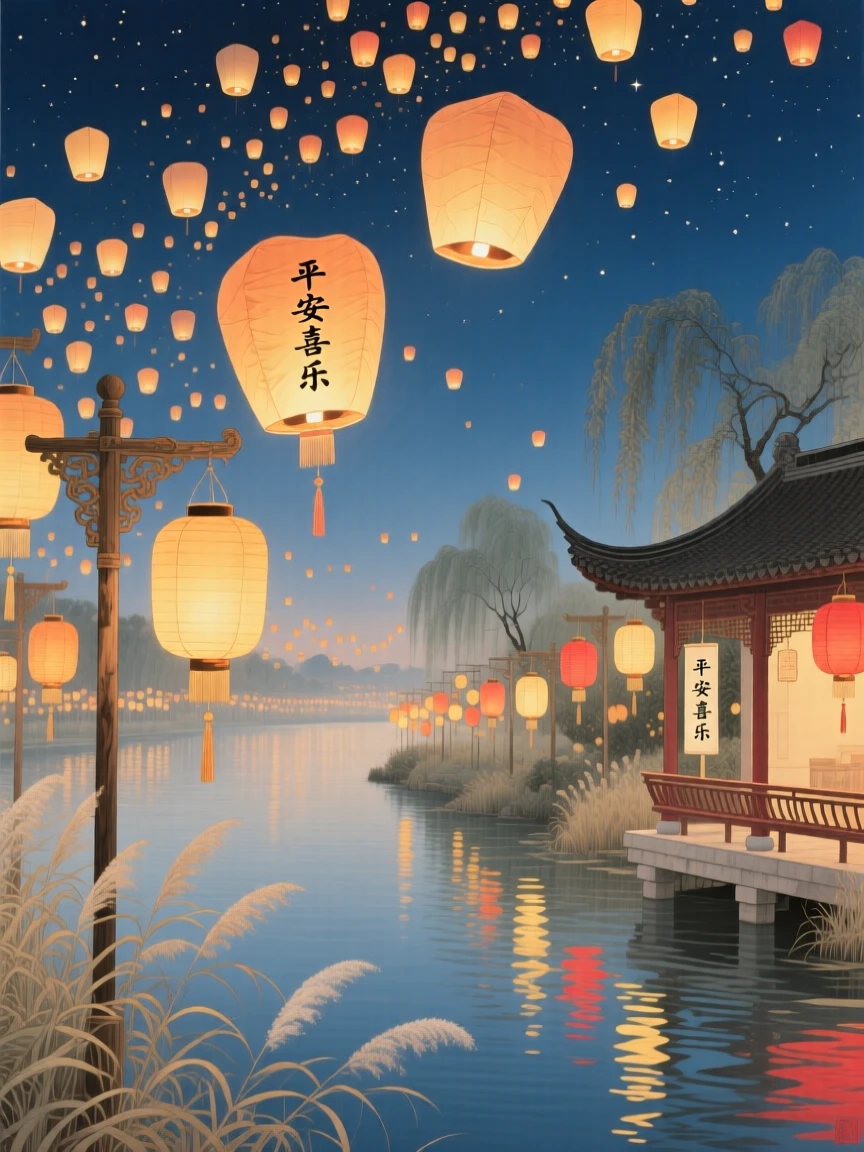 A night sky filled with hundreds of glowing sky lanterns rising over a river, lit by hundreds of small hanging lanterns