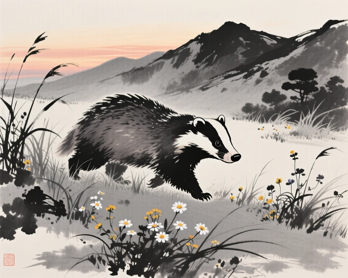A badger walking through tall grass at dusk among wildflowers on a mountain meadow, framed low to the ground for an intimate, close perspective, evoking the gentle rhythm of the natural world.