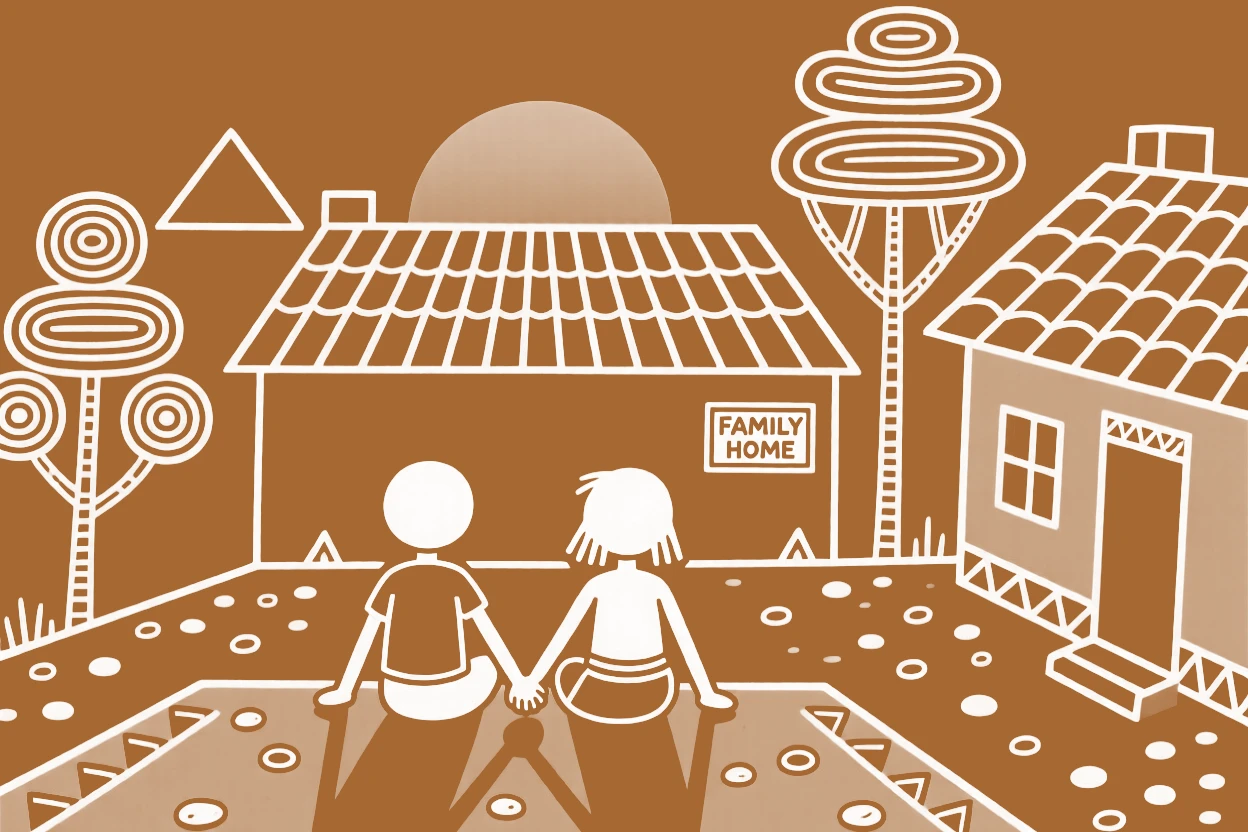 Two childhood friends watching the sunset from a rooftop together in the courtyard of a family home.