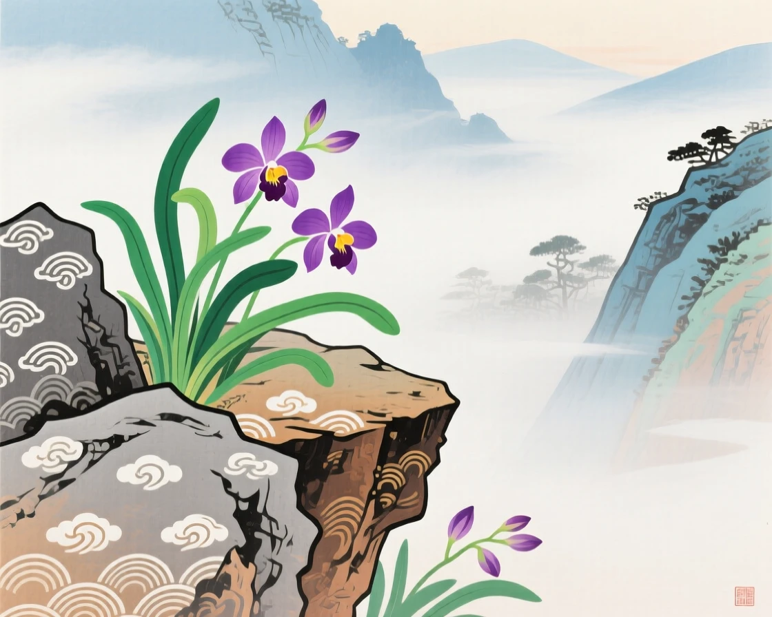 Wild orchids growing on a rock ledge in a misty valley.