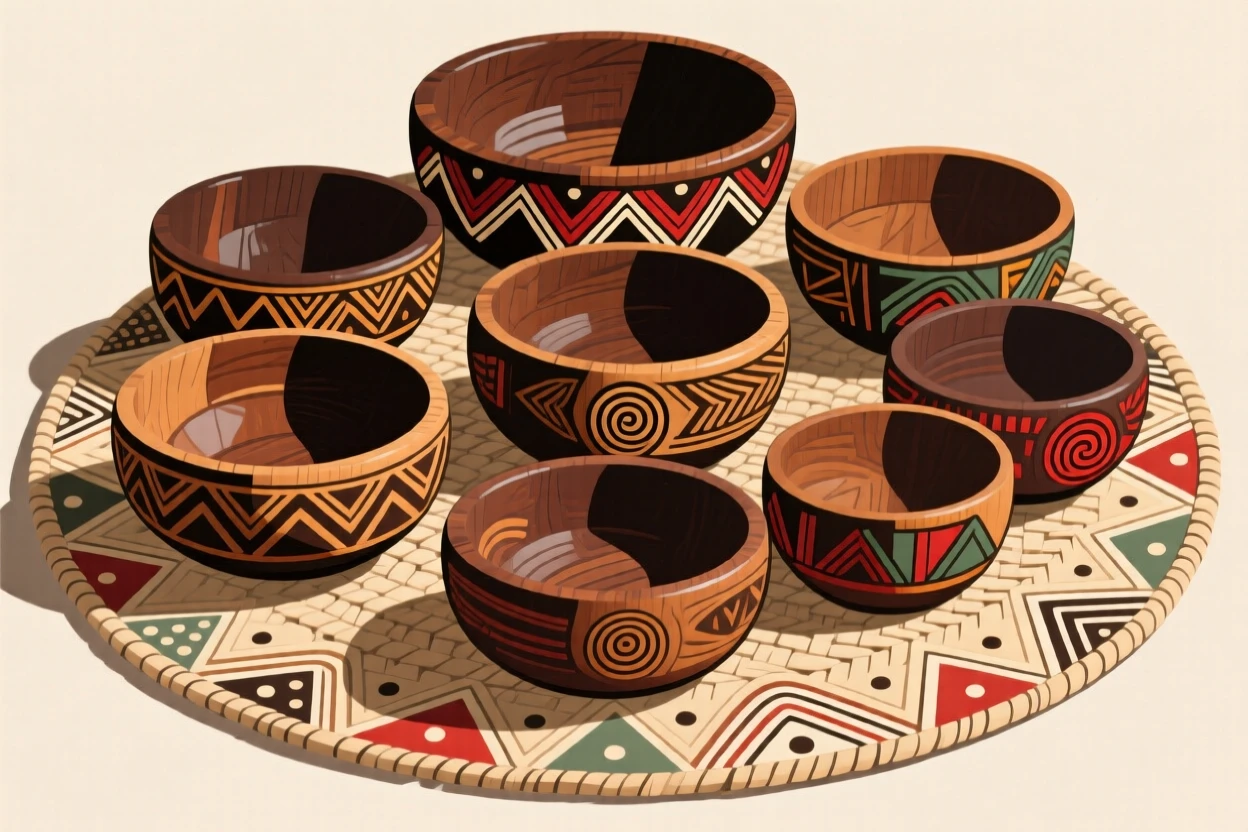 A set of hand-carved wooden bowls arranged neatly on a woven mat.
