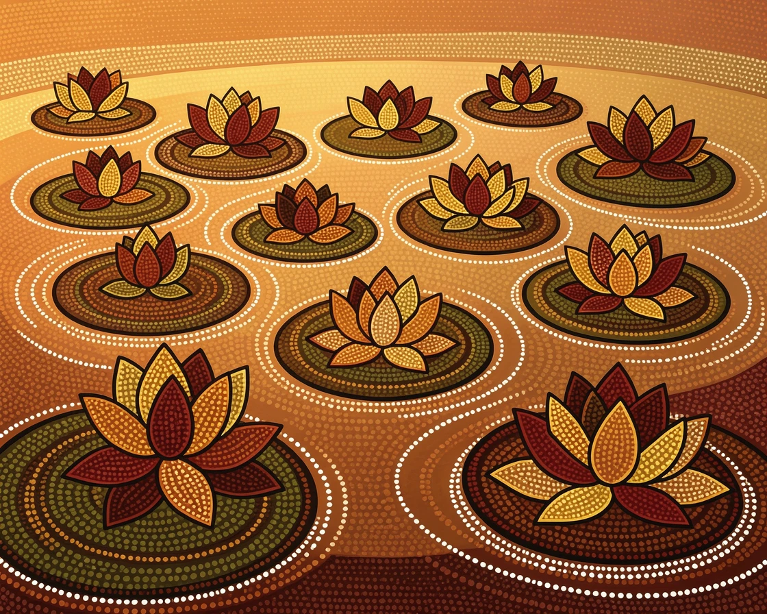 A lotus-covered pond lit by the last light of day