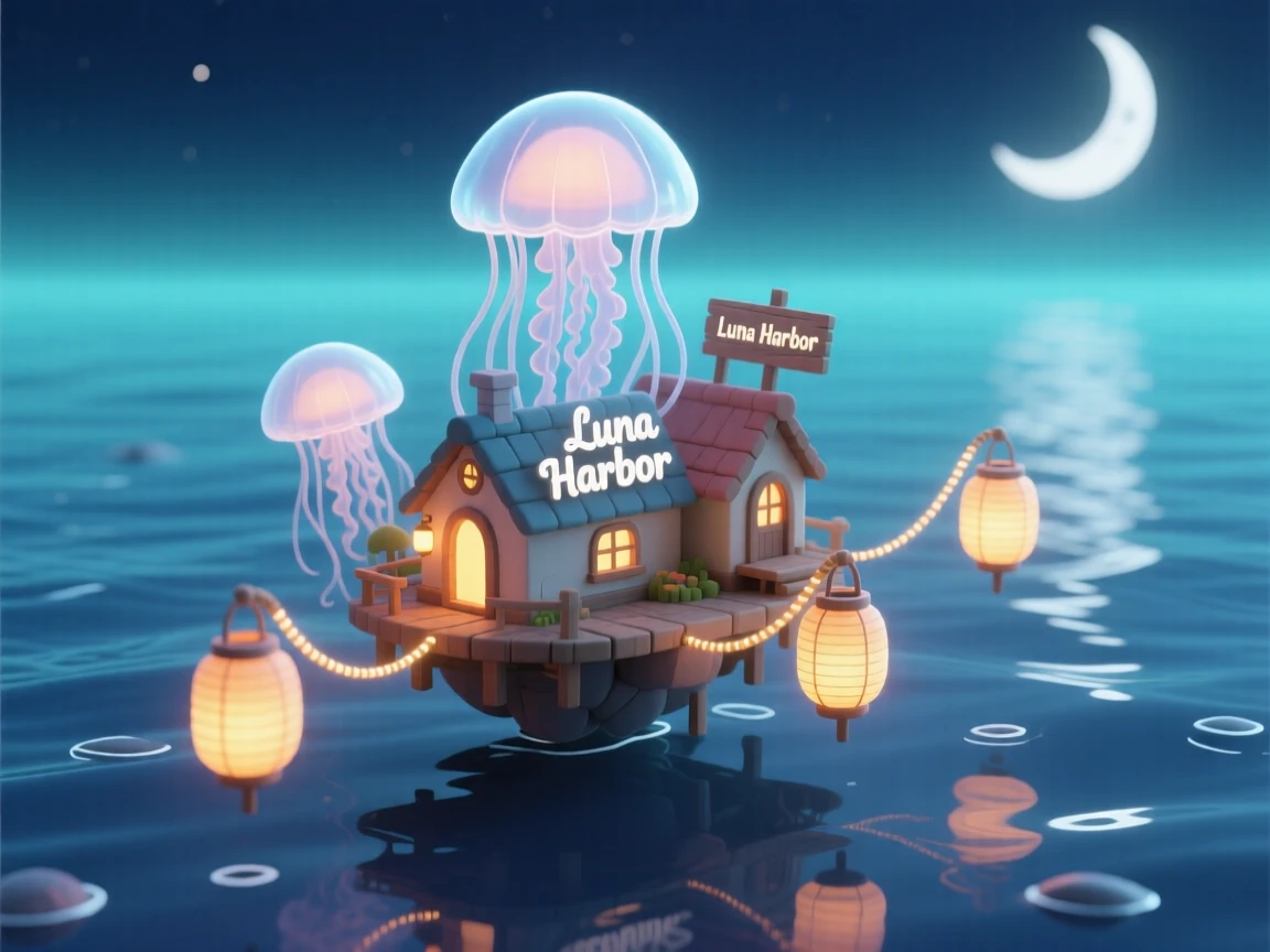 A floating jellyfish lantern village drifting above a moonlit sea, with glowing tentacle-like ropes connecting each translucent home.