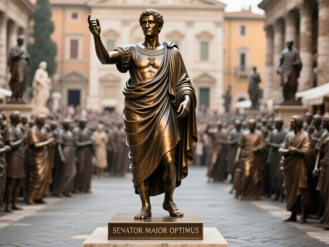 A roman senator addressing a crowded forum, in a moment of quiet triumph, forming a strong central focal point