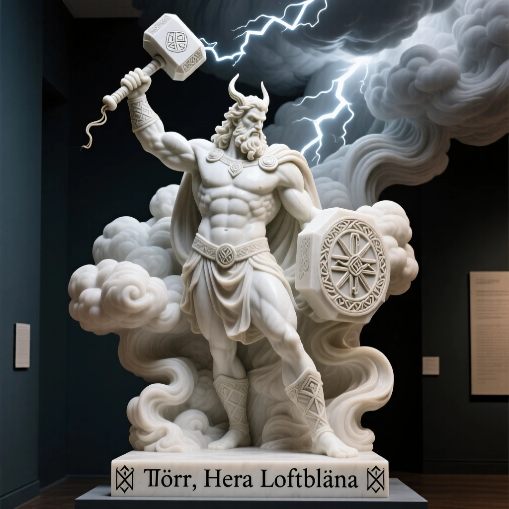 A Norse god wielding a thunderous hammer, framed by dramatic storm clouds, radiating power and legend