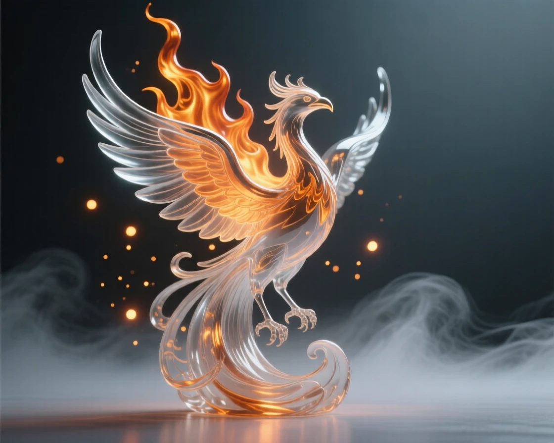 A phoenix rising in a burst of flame surrounded by softly glowing particles and gentle mist, wide cinematic composition, radiating magic and serenity.
