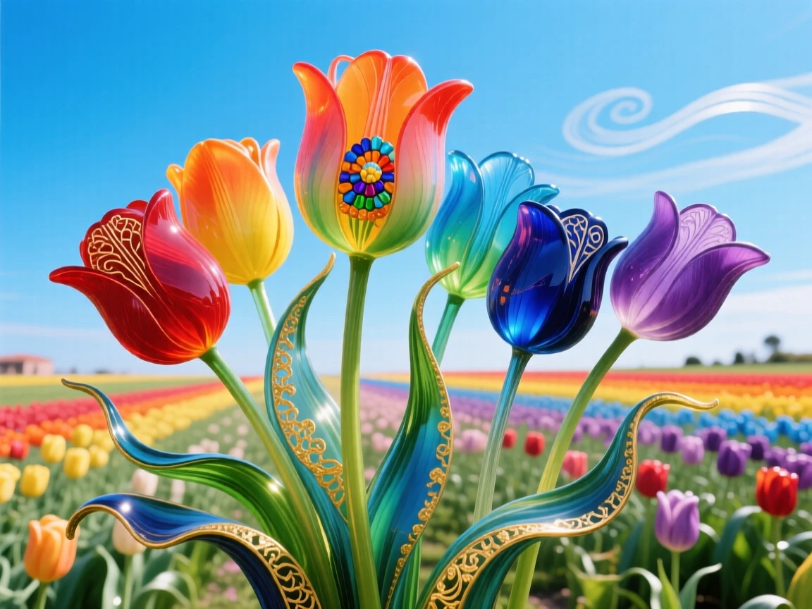 A field of tulips arranged in vivid rainbow rows under a clear blue sky, cheerful and vibrant.