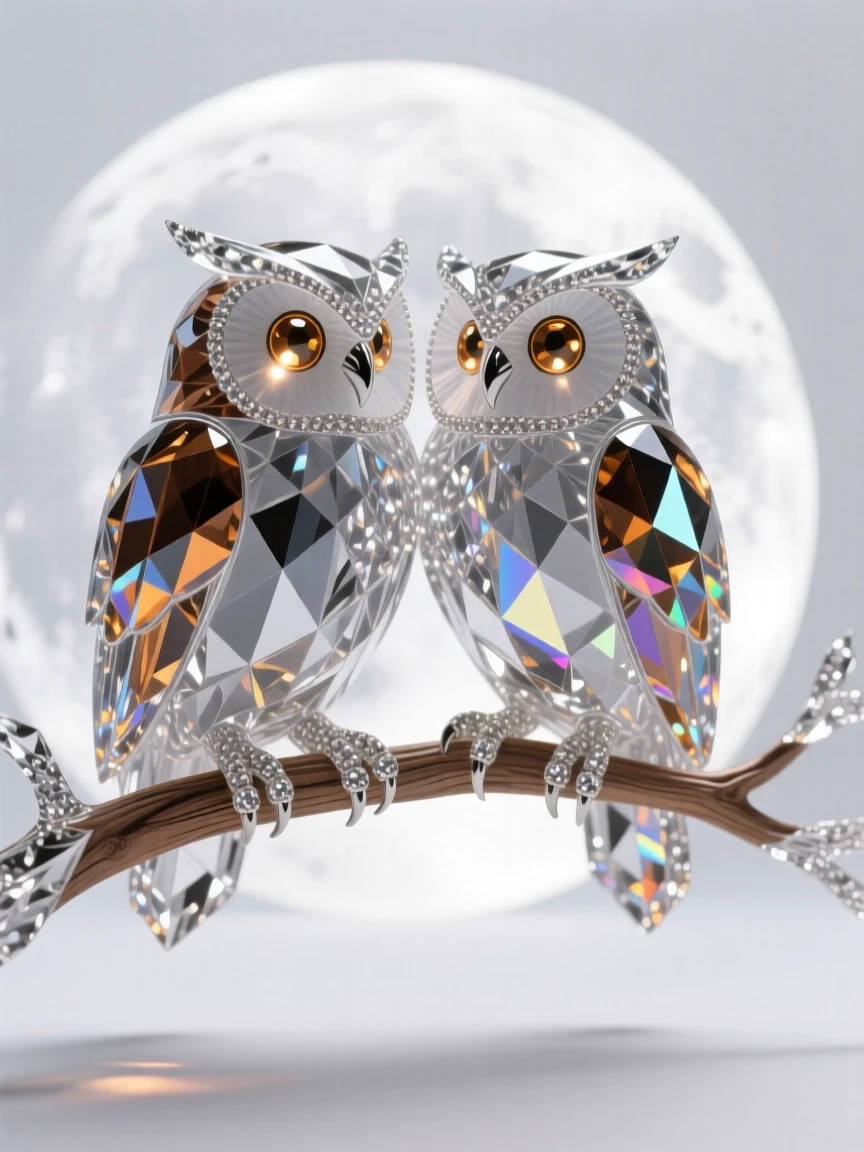 A pair of owls perched together on a moonlit branch, eyes glowing softly.