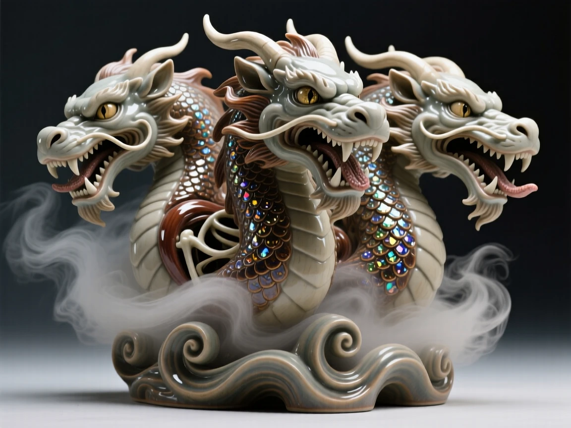 A chimera with three fierce heads emerging dramatically from a swirl of mist, with scales that seem to shimmer like jewels, capturing the enchantment of forgotten legend.