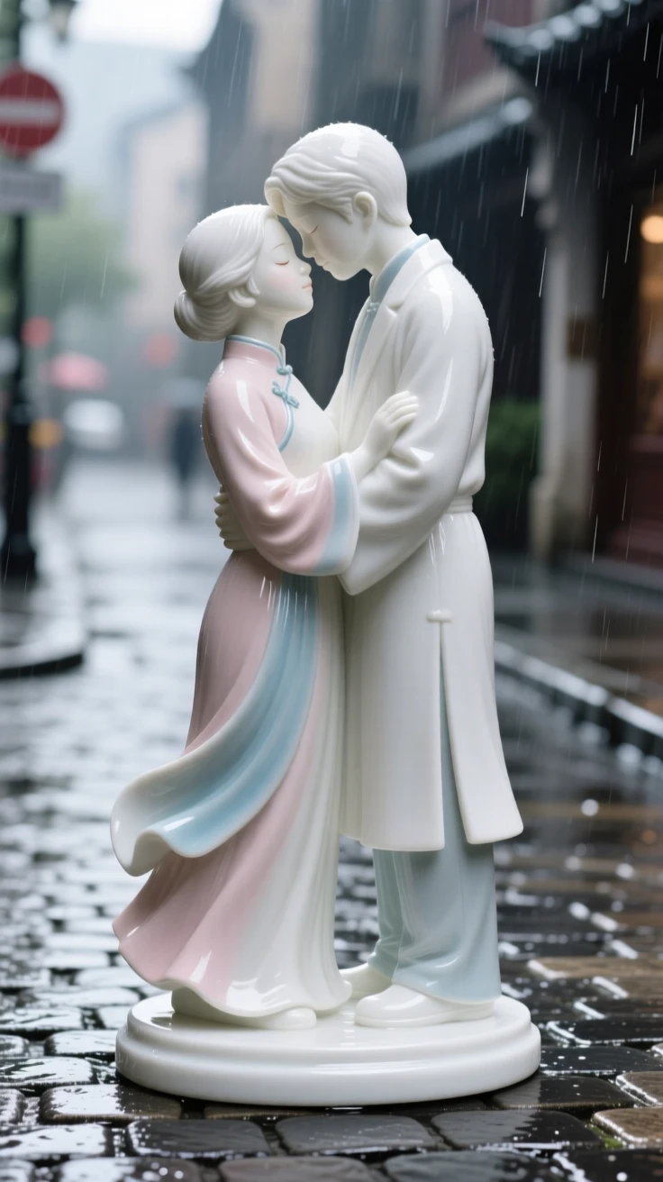 A tender scene of a young couple sharing a quiet embrace in a rain-kissed city street, her eyes closed in peaceful reflection.