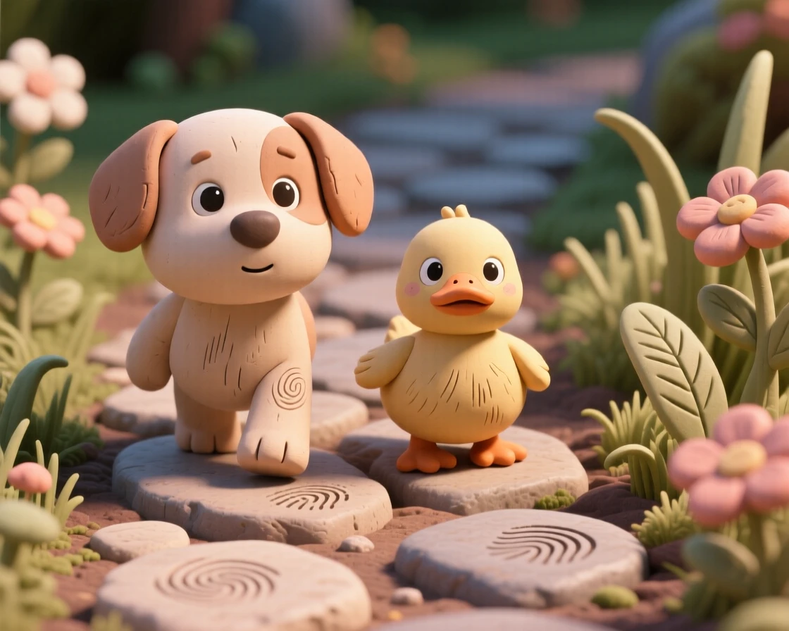 A puppy and duckling walking side by side along a garden path