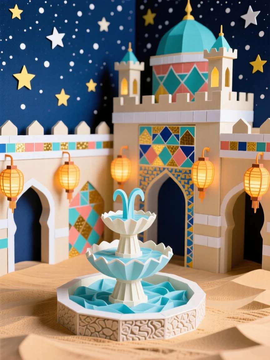 A grand desert palace glowing under a starry night sky, intricate mosaic tilework illuminated by lantern light, a fountain trickling in the central courtyard, evoking exotic elegance.