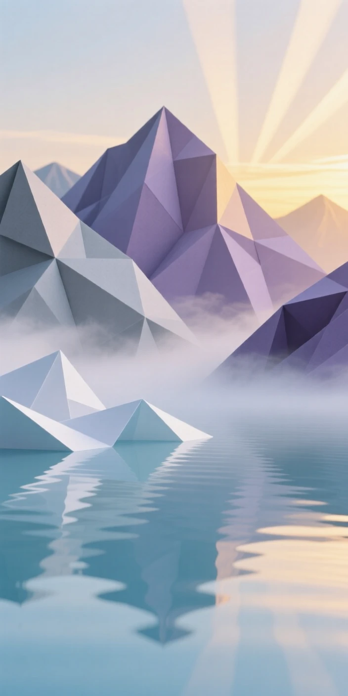 A quiet mountain lake at dawn, mist rising off the glassy surface as the first light touches the peaks.