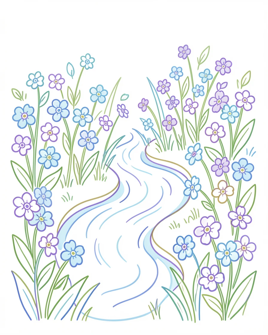 A meadow of forget-me-nots surrounding a small babbling brook.