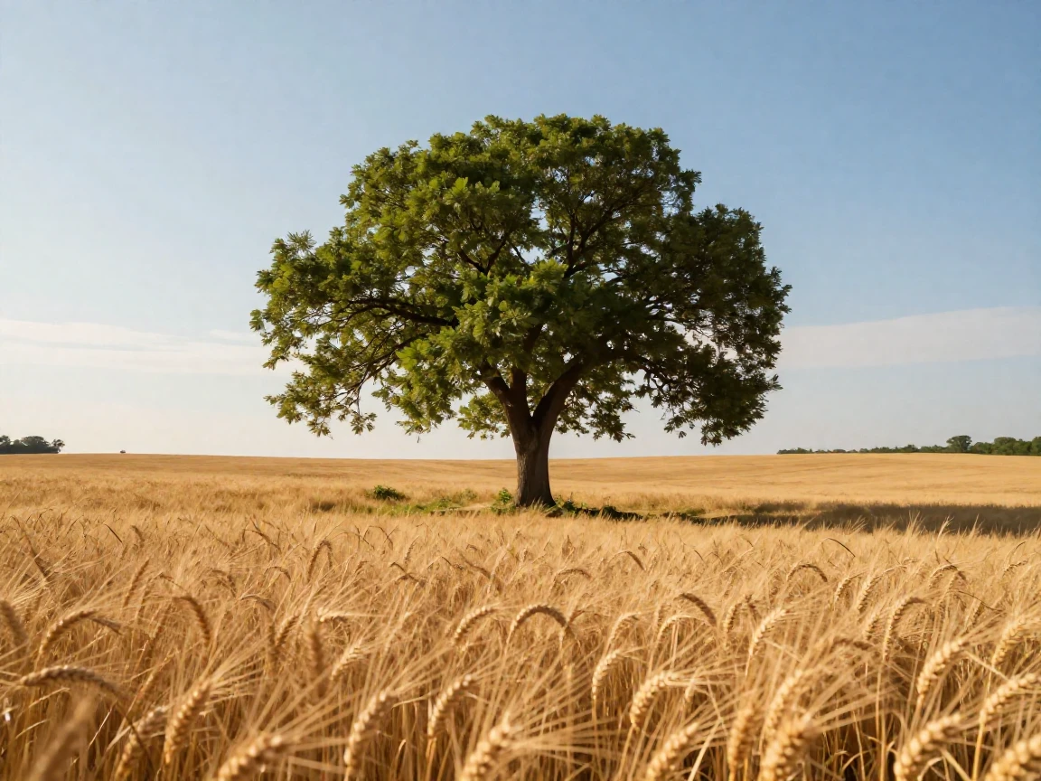 A lone tree standing in a golden wheat field