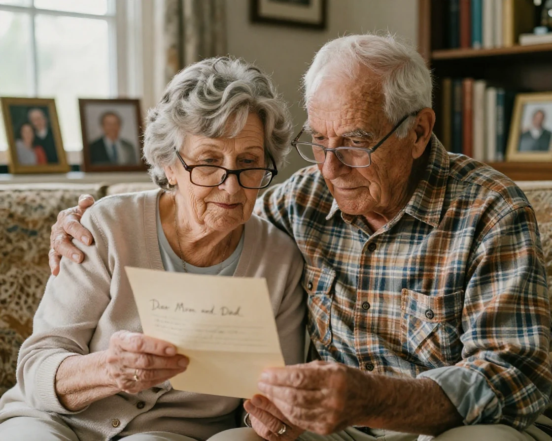 An old couple shares a single pair of glasses to read a letter together.
