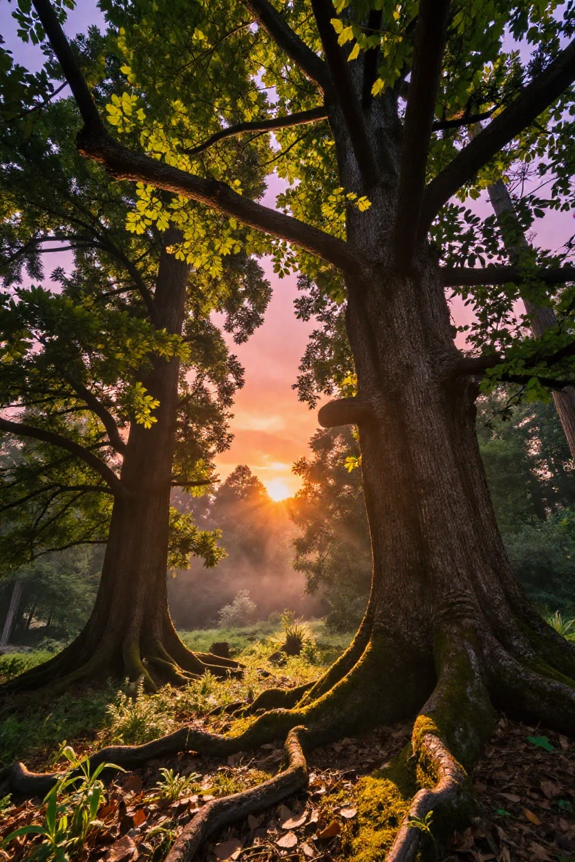 A sprawling ancient forest glowing under the light of a setting sun