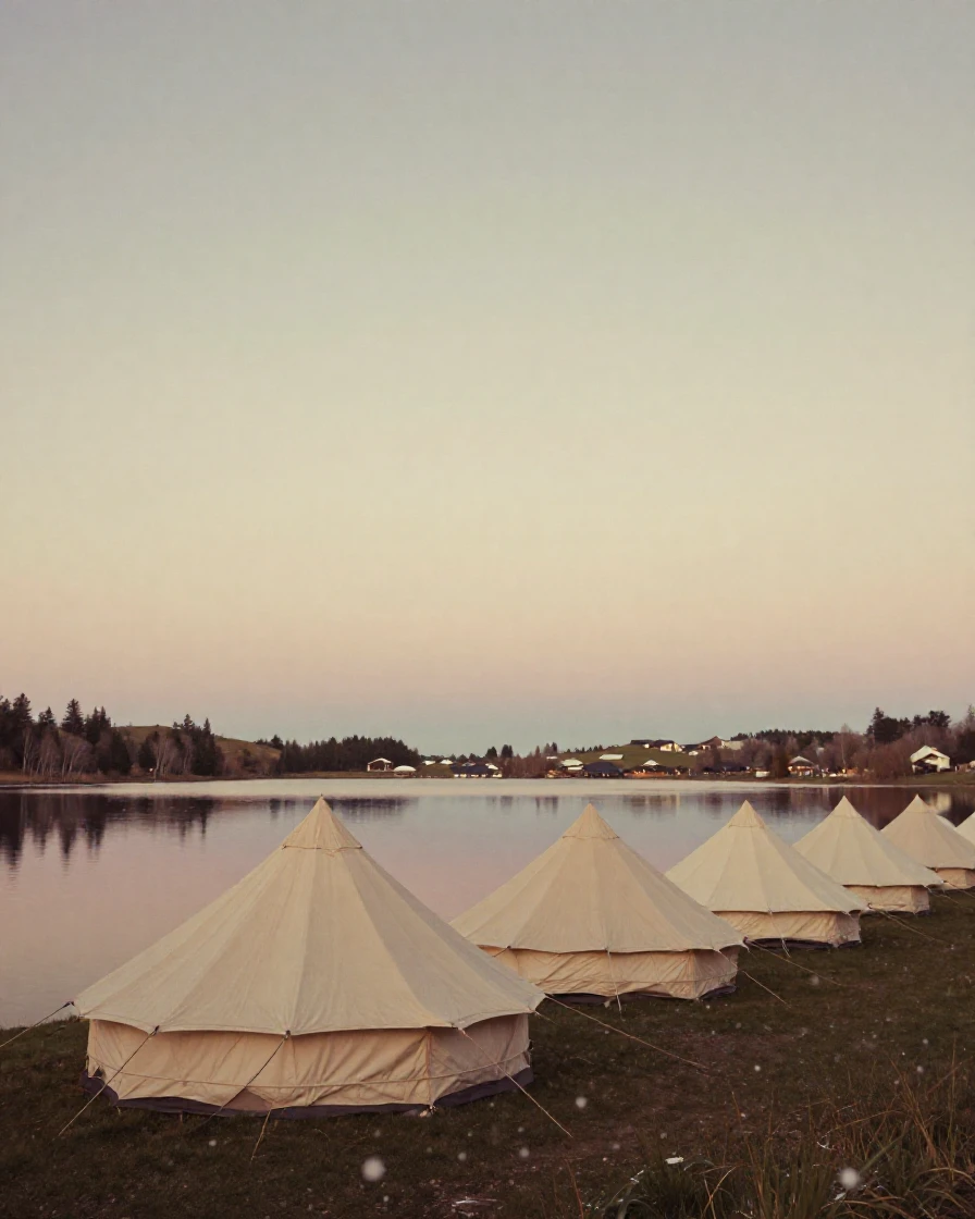 A row of tents pitched beside a still alpine lake at dawn, under moonlight, amid gently falling snow, in early spring, in warm honey and cream tones, captured from a low angle looking up.