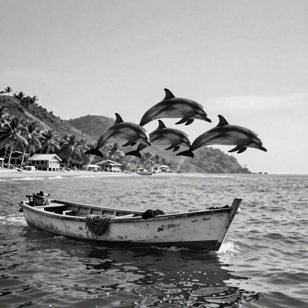 A pod of dolphins leaps in unison beside a fishing boat off a sunlit tropical coastline.