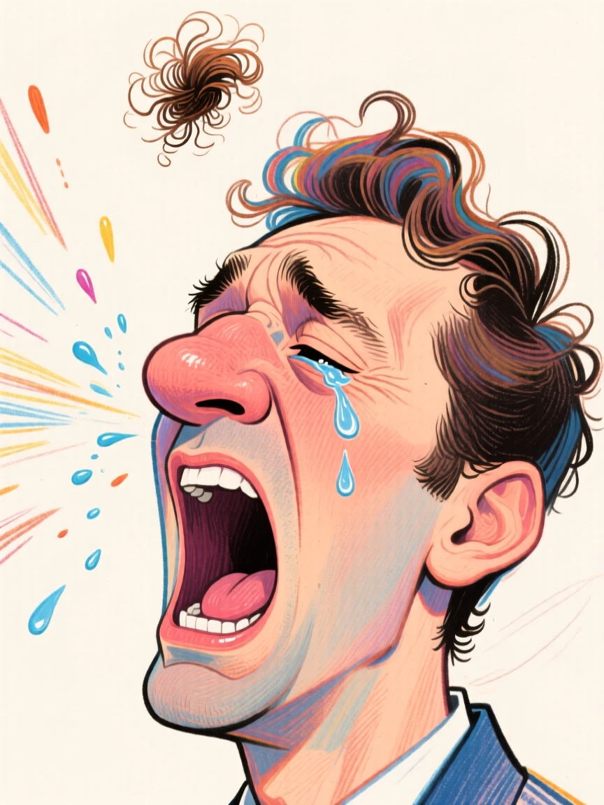 A man sneezing so hard his toupee flies off mid-air.