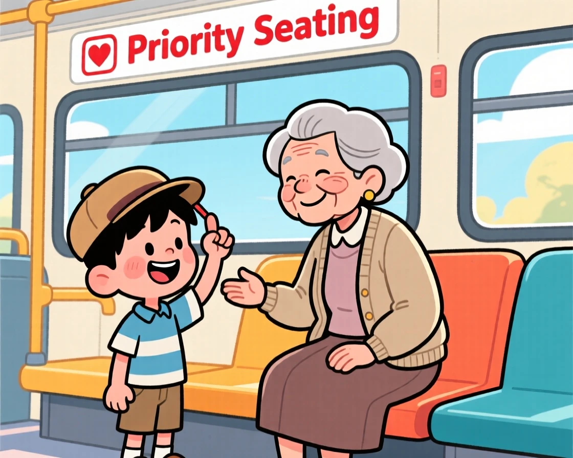 A heartwarming moment depicting a young boy giving up his seat on the bus for an elderly woman, tipping his cap politely.
