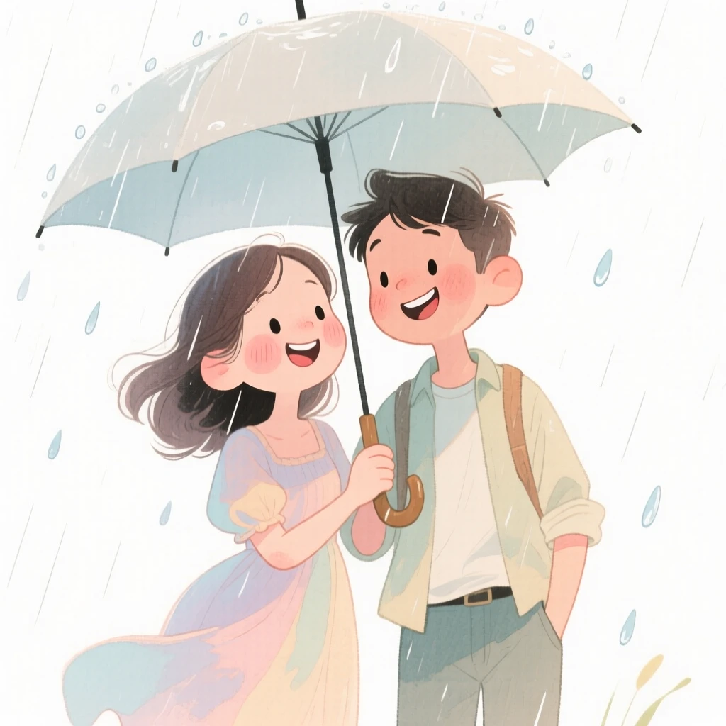 A couple on a countryside getaway sharing an umbrella in a gentle rain shower