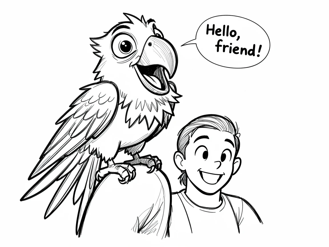[Cute Animals & Pets] Adorable scene of a proud parrot perched on a shoulder squawking a greeting, bursting with charm and playful energy