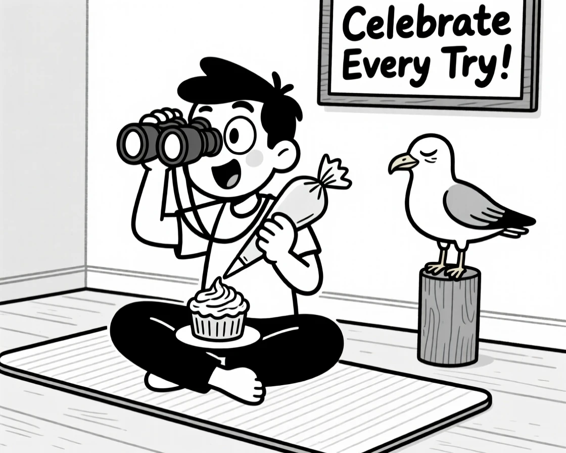 A birdwatcher peering through binoculars with wide eyes, adding one final delicate swirl of frosting, set on a yoga mat in a tranquil studio. A seagull watches the chaos from a nearby post. It's a joyful celebration of trying your best, wins and all.