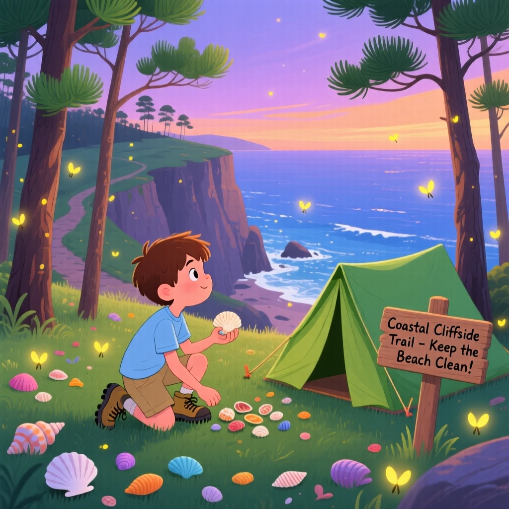 A boy collecting seashells pauses while pitching a tent beneath tall pine trees in a coastal cliffside trail, as fireflies begin to appear at dusk.