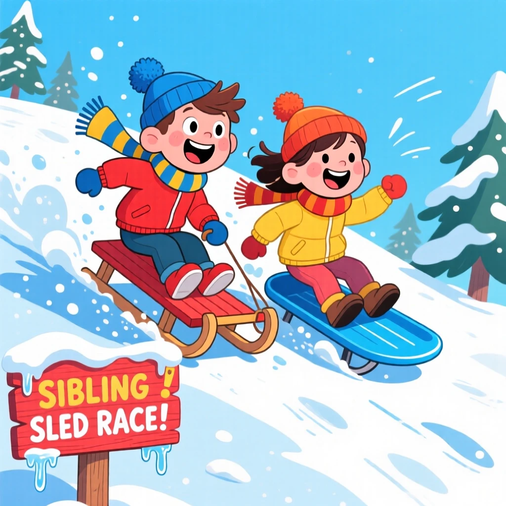 A sled race down a snowy hill between laughing siblings.