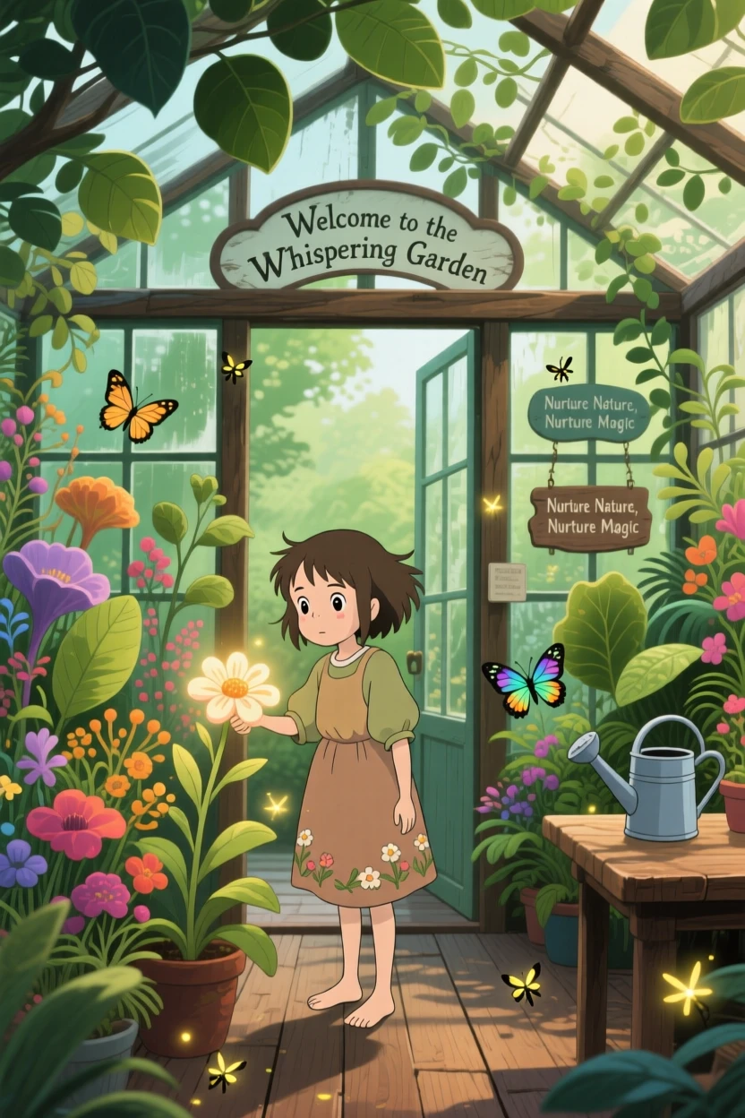 A greenhouse overflowing with exotic blooming plants, soft green light filtering through overlapping leaves, creating a scene of quiet natural magic.