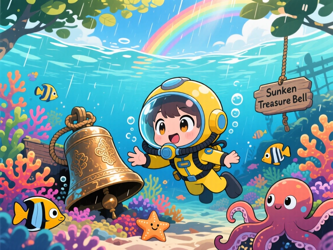 A young diver discovering a sunken ship's bell underwater in a coral reef seabed under a rainbow after the rain; dappled sunlight through a canopy washes over the scene as playful mischief fills the moment. Wide establishing shot.