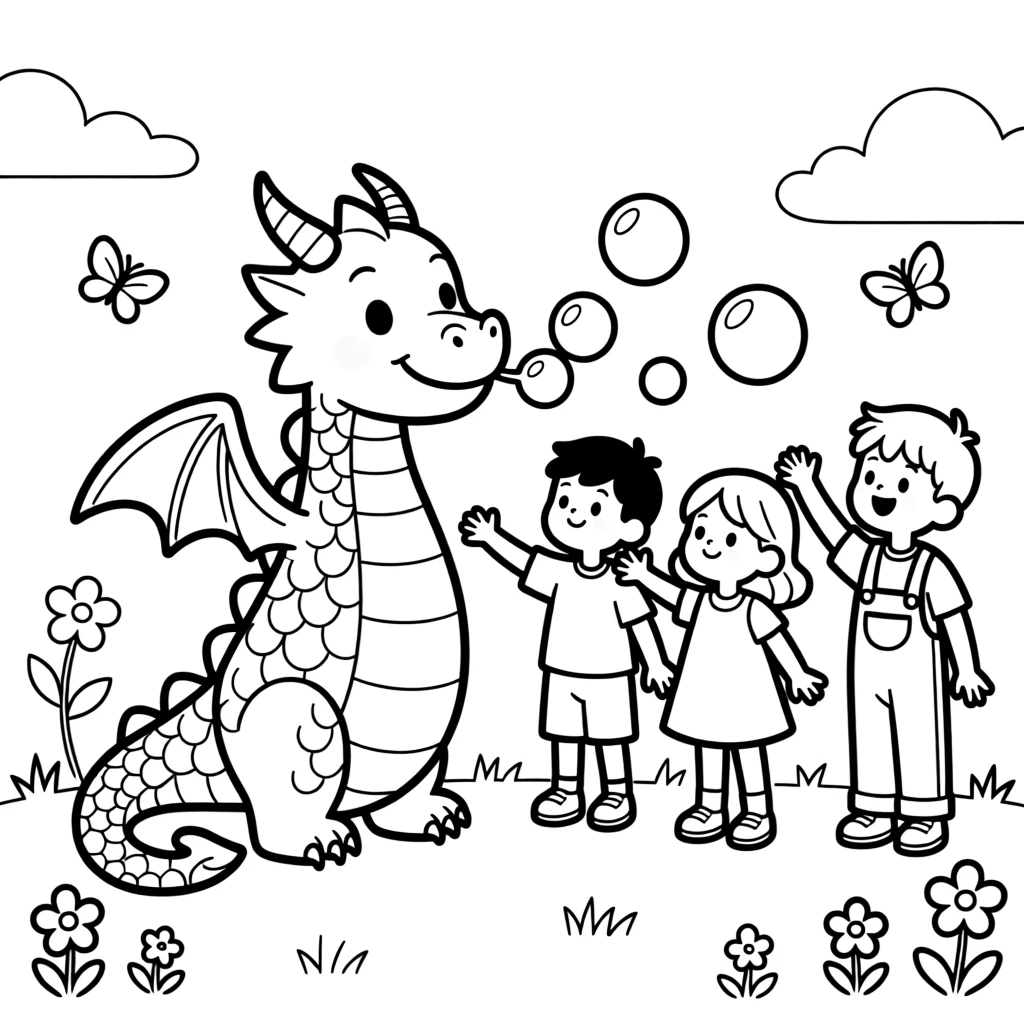 A dragon blowing bubbles instead of fire to entertain children