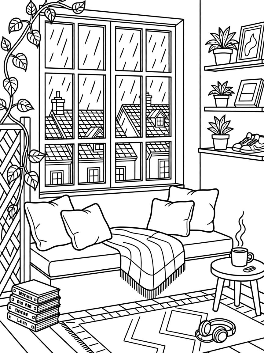 A window seat overlooking rain-streaked glass and rooftops, with vines curling around a nearby trellis.