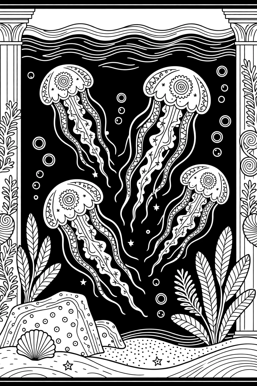A group of jellyfish glowing softly in a dark aquarium scene.