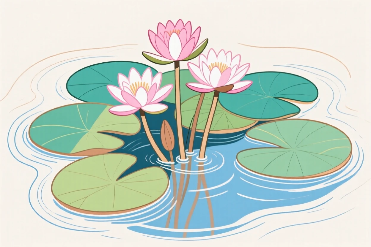 A cluster of blooming water lilies on a garden pond.