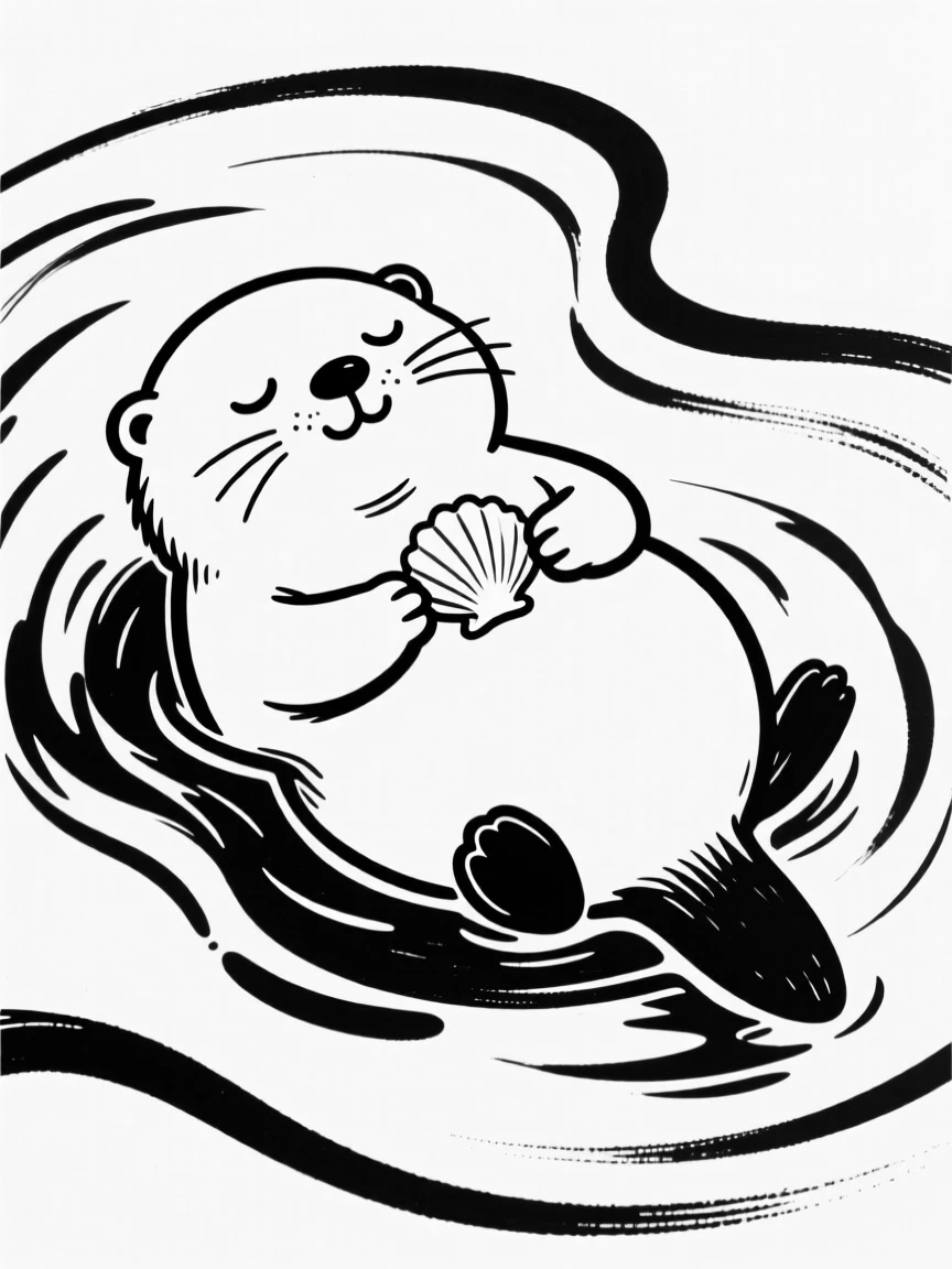 A chubby baby otter character floating on its back holding a small shell.