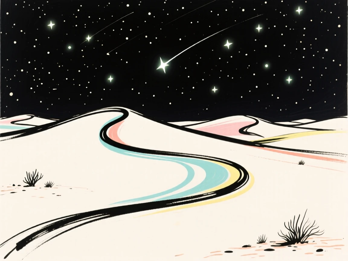 A star-filled night sky glowing above a silent desert landscape.