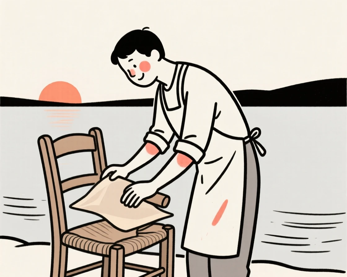 A carpenter of greek heritage sanding a wooden chair, smiling shyly, beside a calm lake at sunrise.
