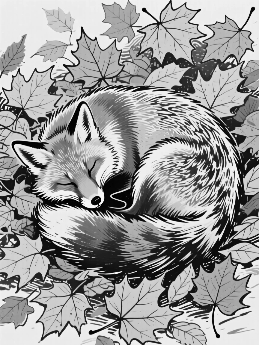 A fox curled asleep in a bed of golden autumn leaves.