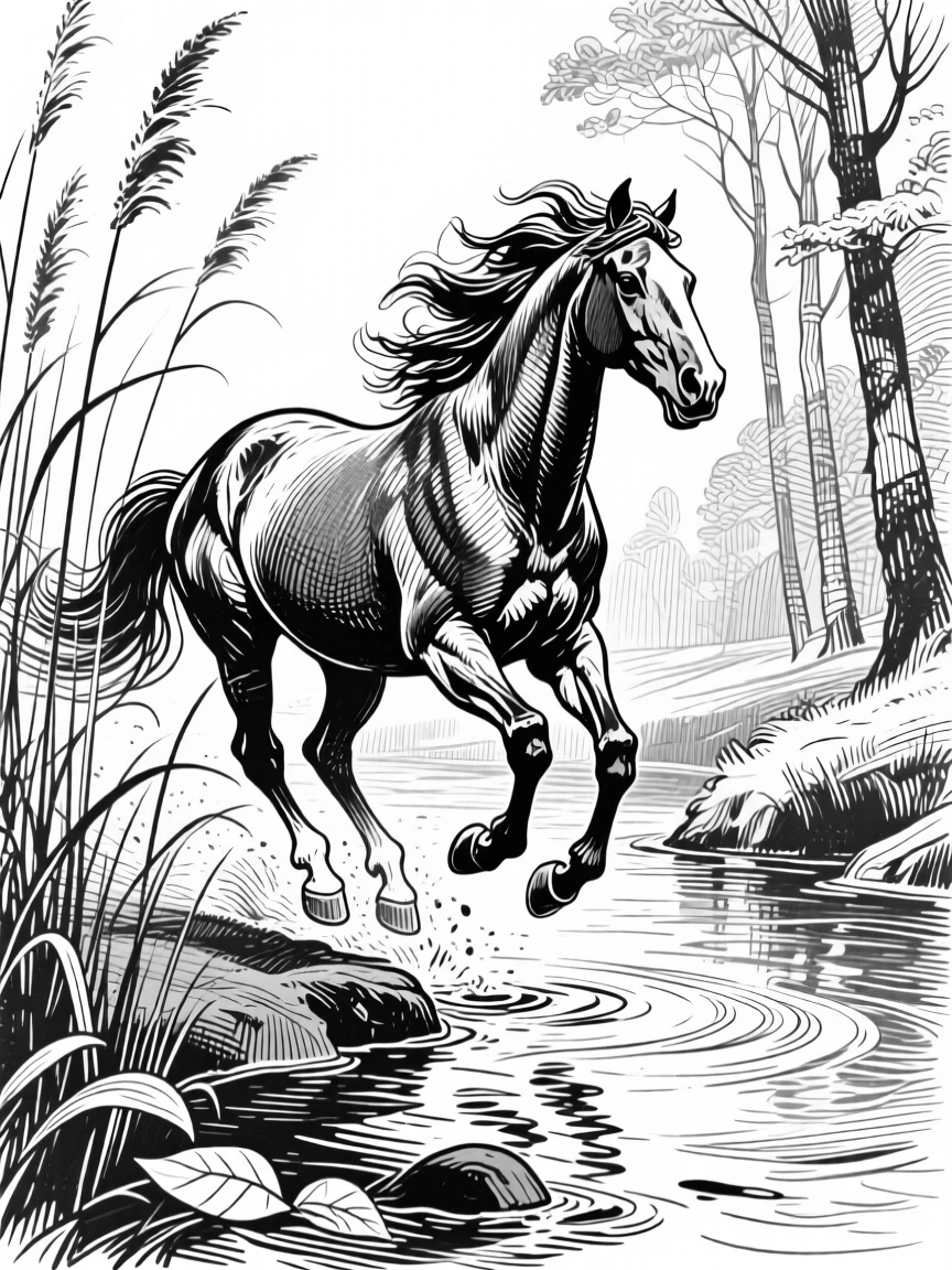 A galloping wild horse beside a calm woodland stream, framed by tall reeds, capturing a joyfully alive moment in nature with a strong, centered focal point.