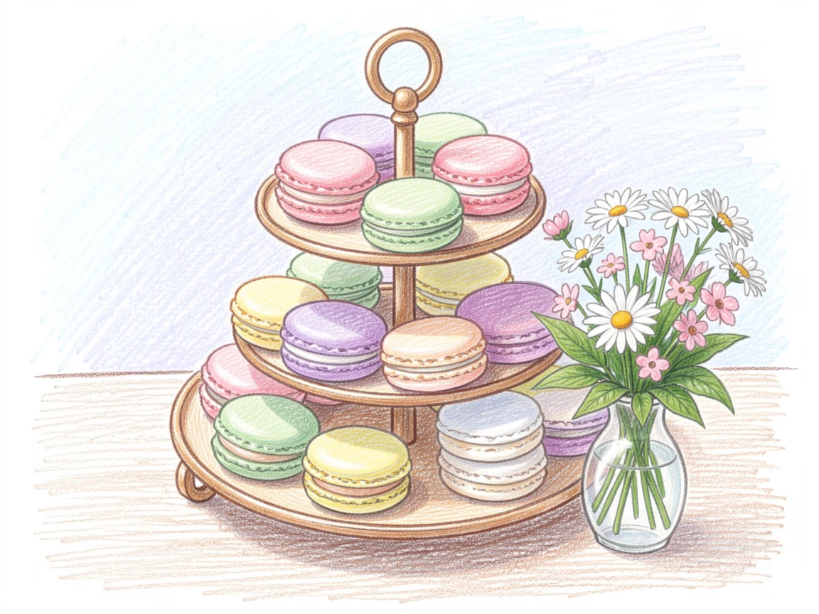 A display of colorful macarons arranged on a tiered stand, set beside a small vase of fresh flowers, celebrating the joy of shared meals and gatherings.