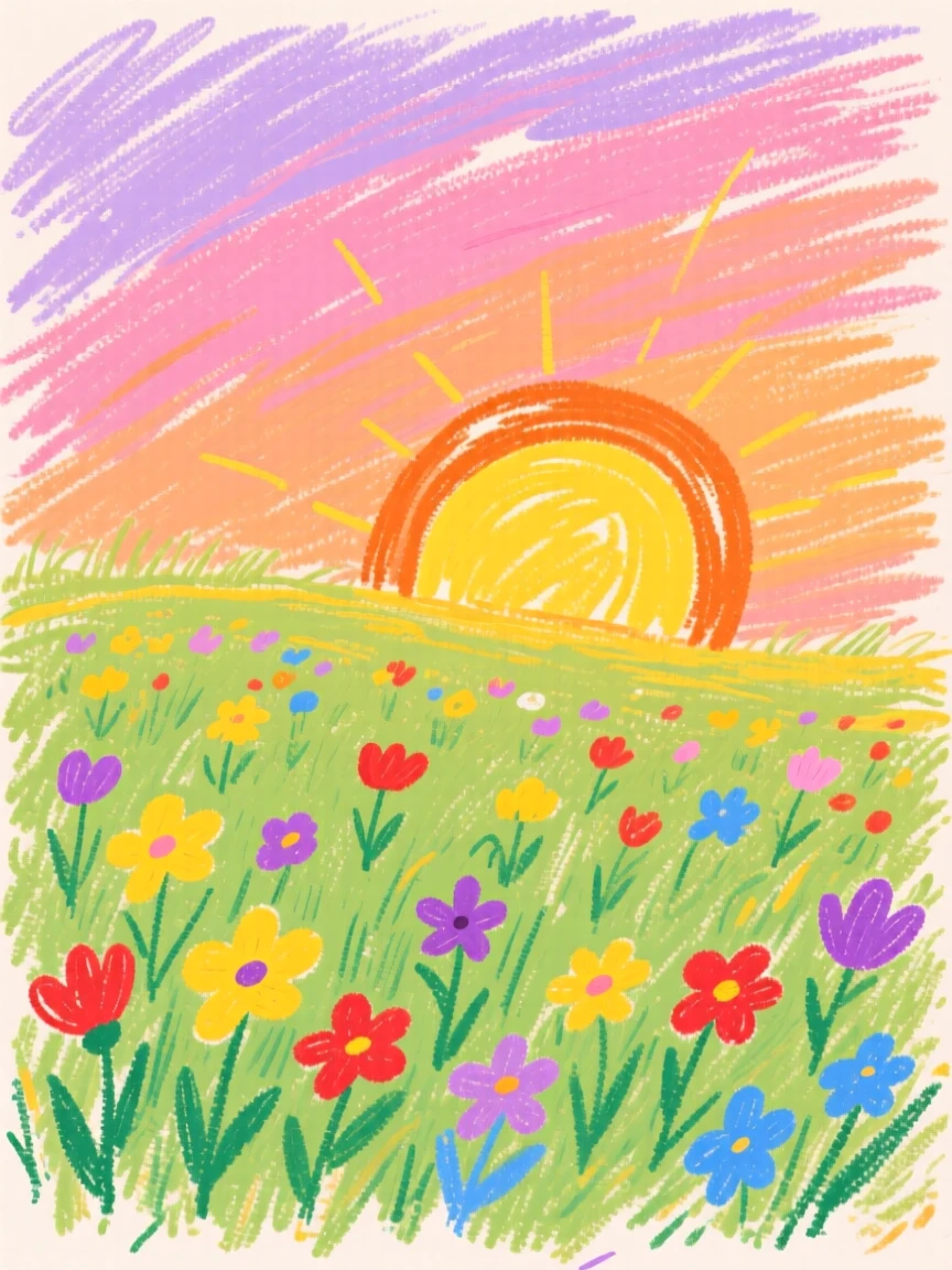 A view of a sunlit meadow reflecting the colors of a vivid sunset sky.