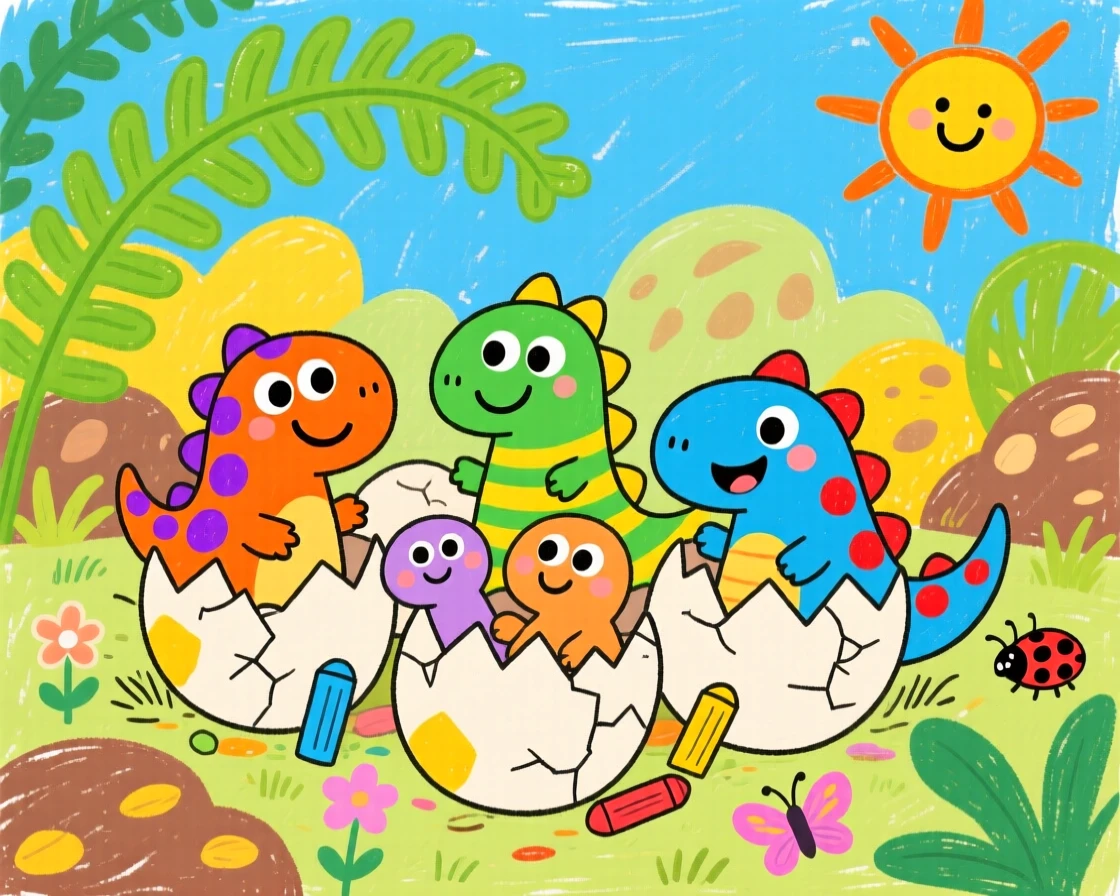 A friendly pack of young dinosaurs hatching from eggs in a prehistoric jungle filled with giant ferns.