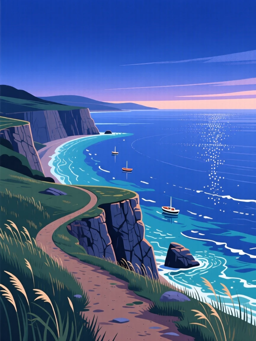 A coastal cliffside path overlooking a sparkling bay, under a deep indigo twilight sky, framed with a wide sweeping panoramic view, with a fresh, crisp clarity that highlights every detail.