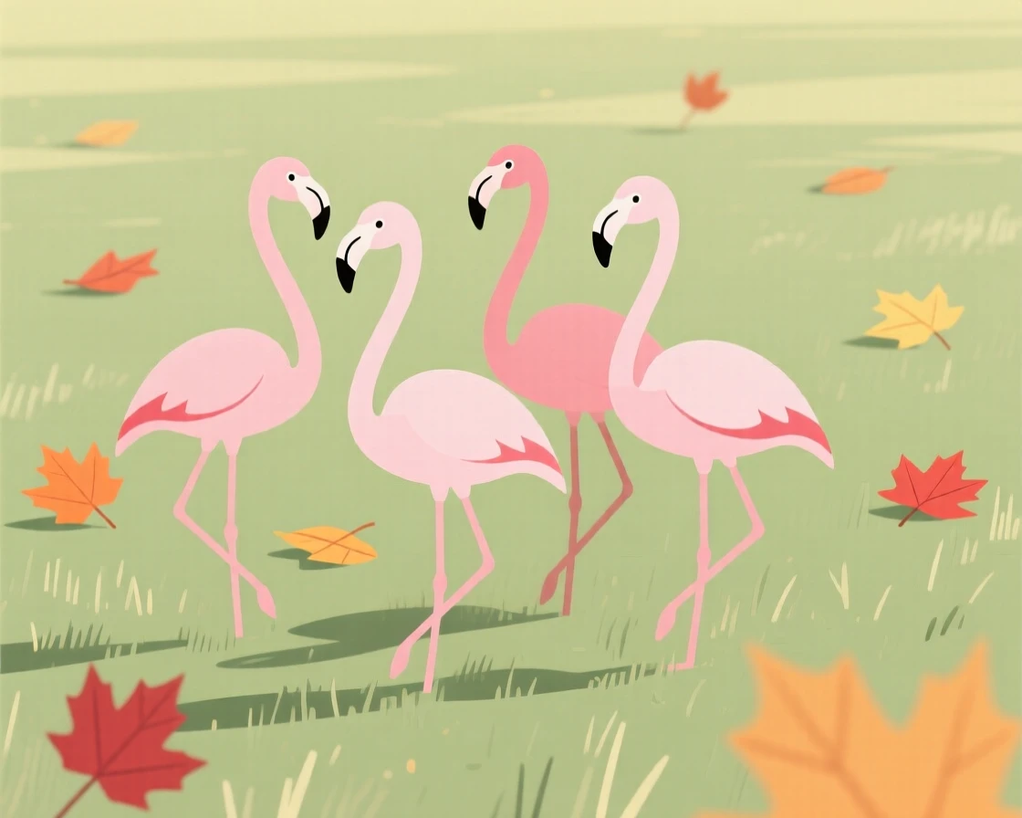 A curious flamingo flock pausing in a sunlit meadow, with scattered autumn leaves in the background, radiating gentle curiosity.