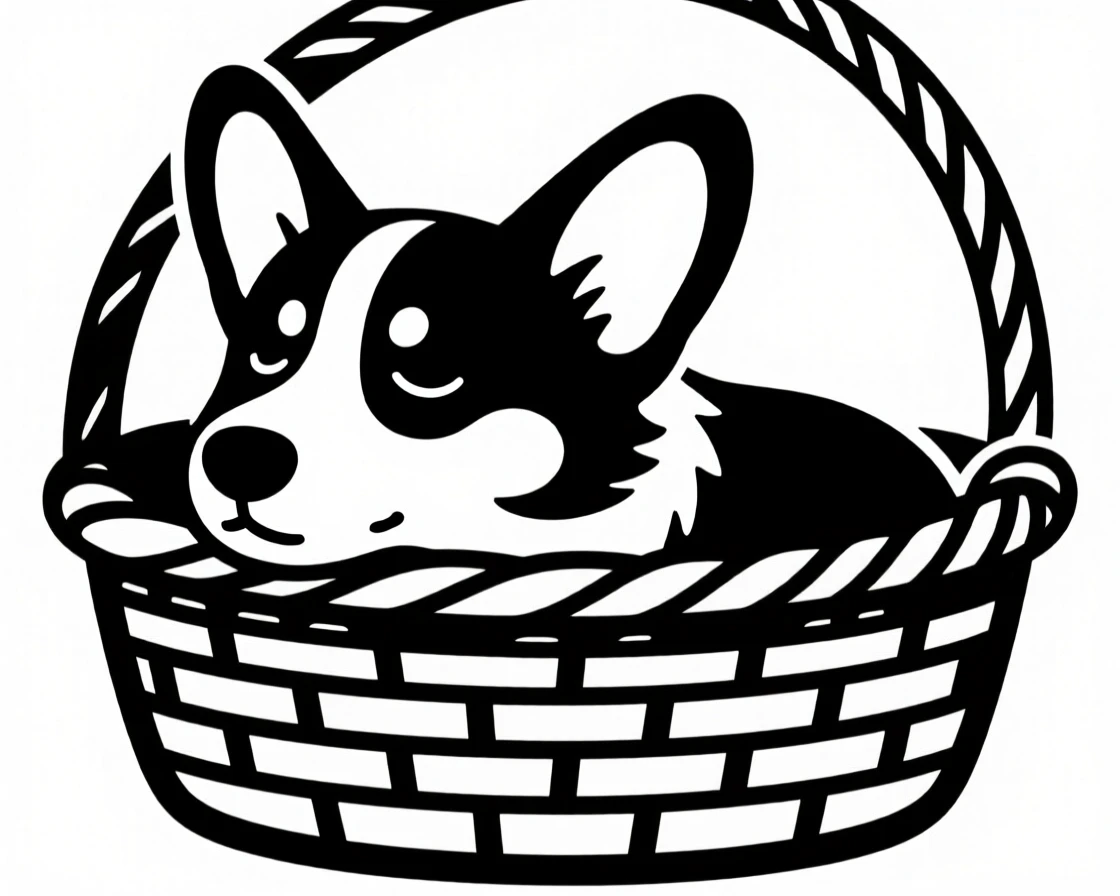A sleepy corgi peeking out of a wicker basket.