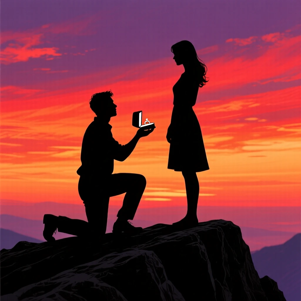A man kneeling to propose on a mountaintop overlook, ring box open before his partner.