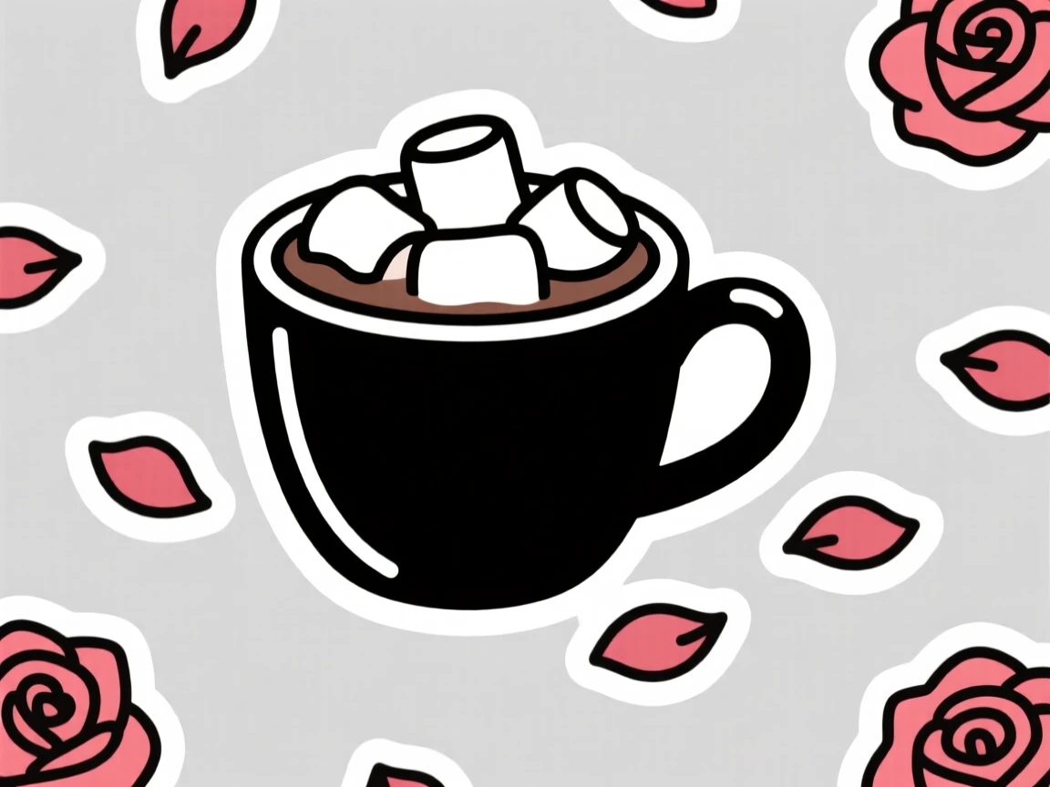 A nostalgic cup of hot chocolate with marshmallows, surrounded by scattered rose petals, in a minimalist Scandinavian-style room.